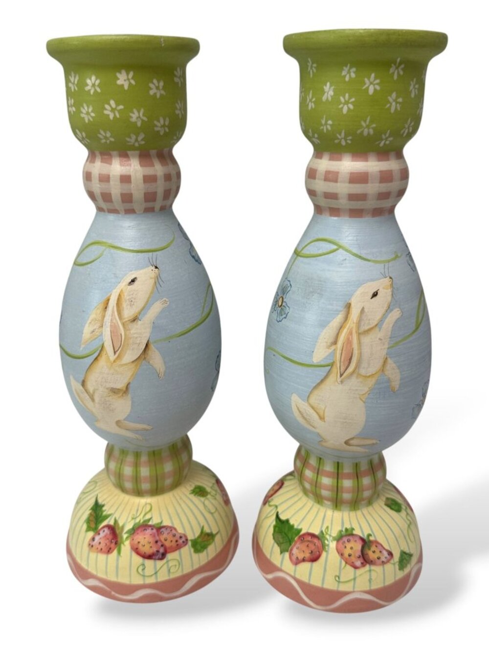 Tracy Porter Bunny Candlesticks Pair Hand Painted Wood Easter Cottage Decor 9.75